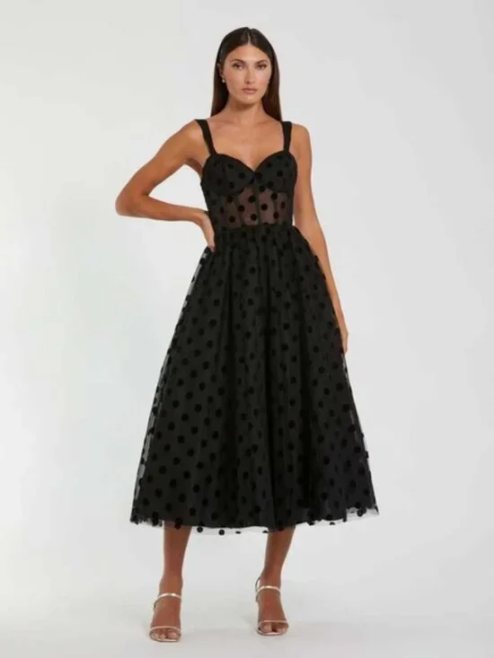 NWT Mac Duggal Black Polka Dot Net Bustier A-Line Midi Dress - Size 10‎ - Picture 10 of 16